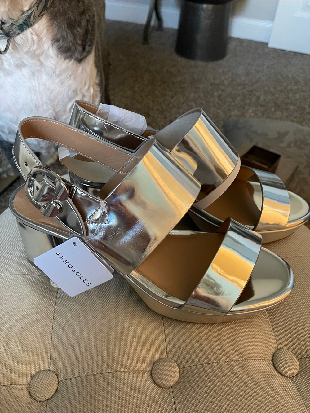 AEROSOLES Silver Metallic Block Heel Sandals